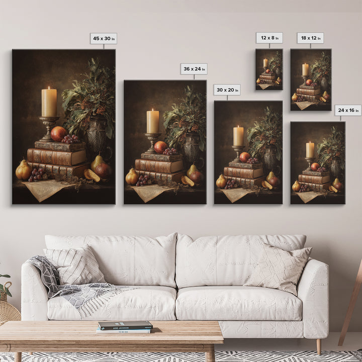 Still Life of Books Candle and Fruit Framed Canvas Print, Traditional Art, Indian Decor, Living Room Decor, Fine Art, Classic, TRA-2x3-76