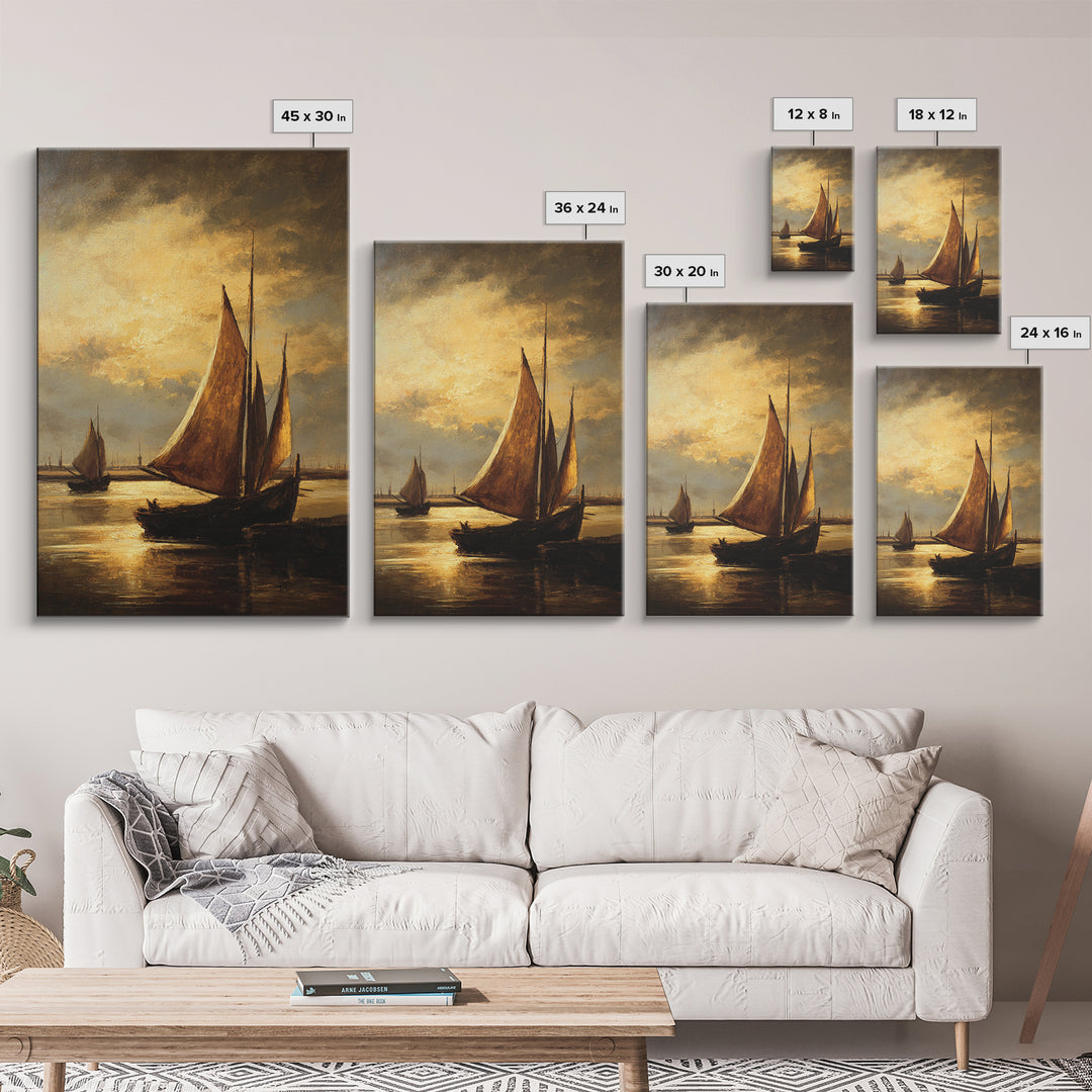 Seascape with Sailboats and Cloudy Sky Framed Canvas Print, Traditional Art, Watercolor Art, Living Room Decor, Classic, TRA-2x3-85
