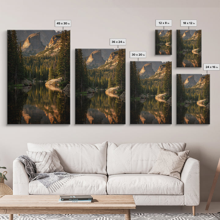 Mountain Lake with Pine Forest Reflection Framed Canvas Print, Traditional Art, Indian Wall Art, Living Room Decor, Classic, TRA-2x3-89