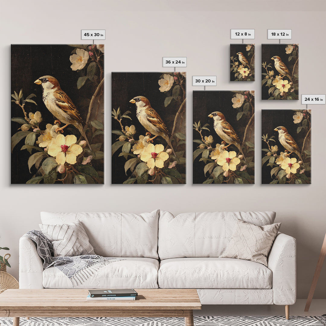 Bird Study on a Flowering Branch Framed Canvas Print, Traditional Art, Artwork, Living Room Decor, Oil Painting, Classic, TRA-2x3-90