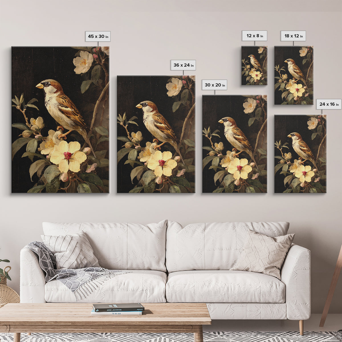 Bird Study on a Flowering Branch Framed Canvas Print, Traditional Art, Artwork, Living Room Decor, Oil Painting, Classic, TRA-2x3-90