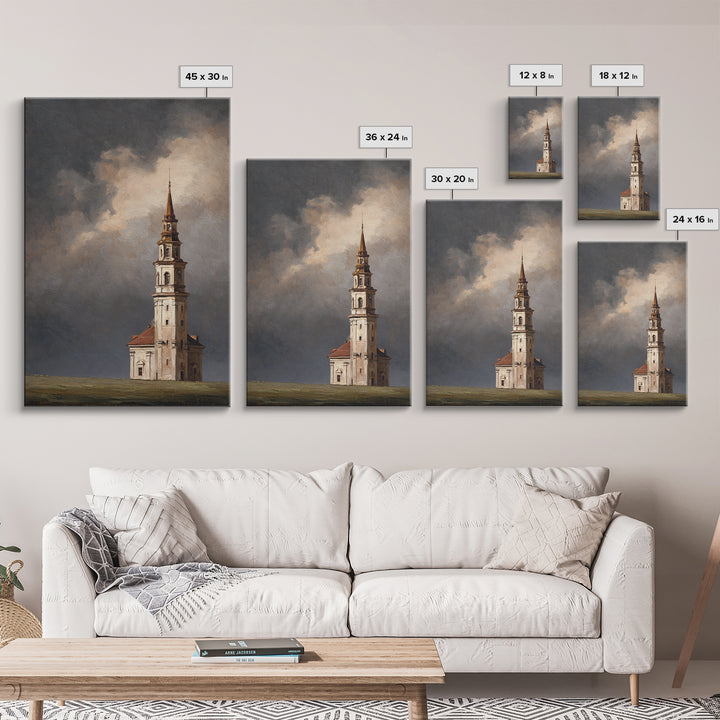 Church Steeple Across Rural Meadow Framed Canvas Print, Traditional Art, Japanese Art, Living Room Decor, Fine Art, Classic, TRA-2x3-93