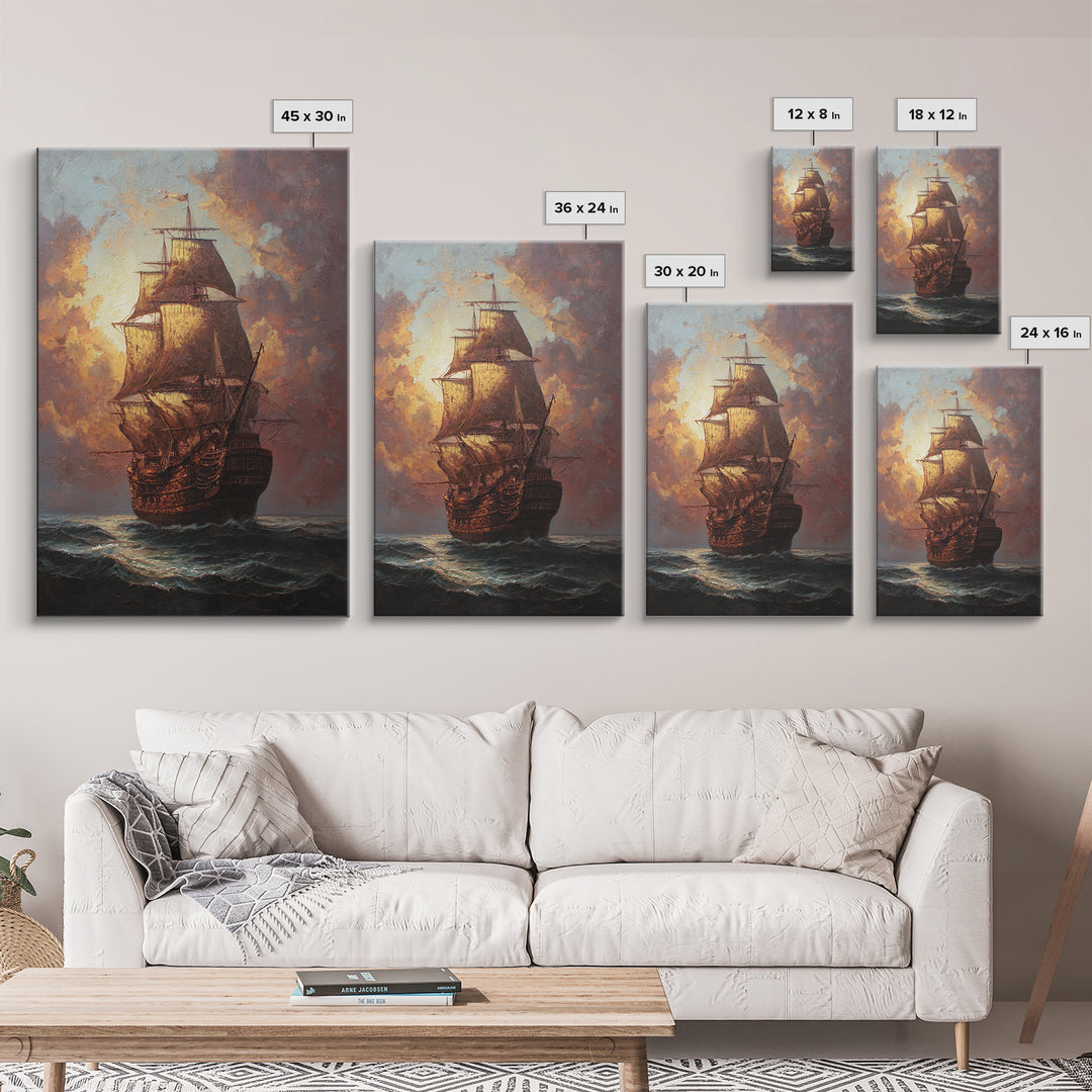 Ship at Sea Framed Canvas Print, Traditional Art, Original Art, Living Room Decor, Fine Art, Classic, Landscape, Indian Art, TRA-2x3-94