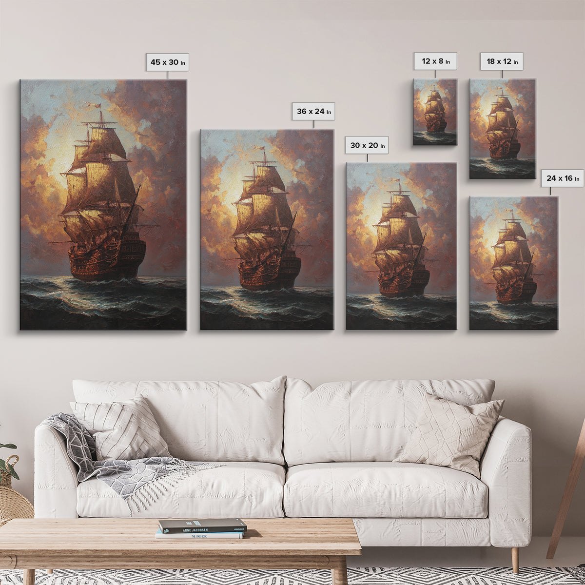 Ship at Sea Framed Canvas Print, Traditional Art, Original Art, Living Room Decor, Fine Art, Classic, Landscape, Indian Art, TRA-2x3-94