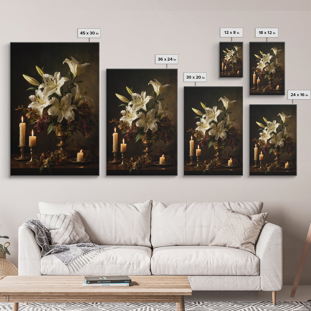 White Lilies on Dark Background Canvas Print, Traditional Art, Dark Art, Living Room Decor, Oil Painting, Classic, TRA-2x3-95