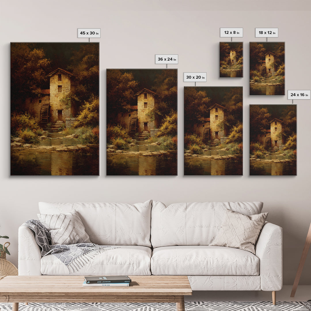 Watermill Beside a Quiet Stream Framed Canvas Print, Traditional Art, Canvas Print, Living Room Decor, Fine Art, Classic, TRA-2x3-97