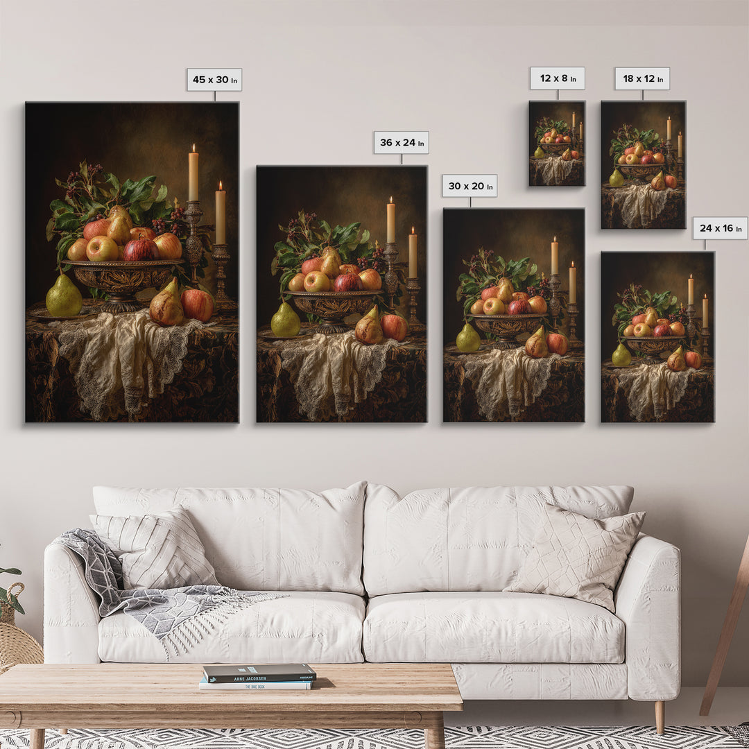 Basket of Apples and Pears on Linen Framed Canvas Print, Traditional Art, Canvas, Living Room Decor, Abstract Art, Classic, TRA-2x3-98