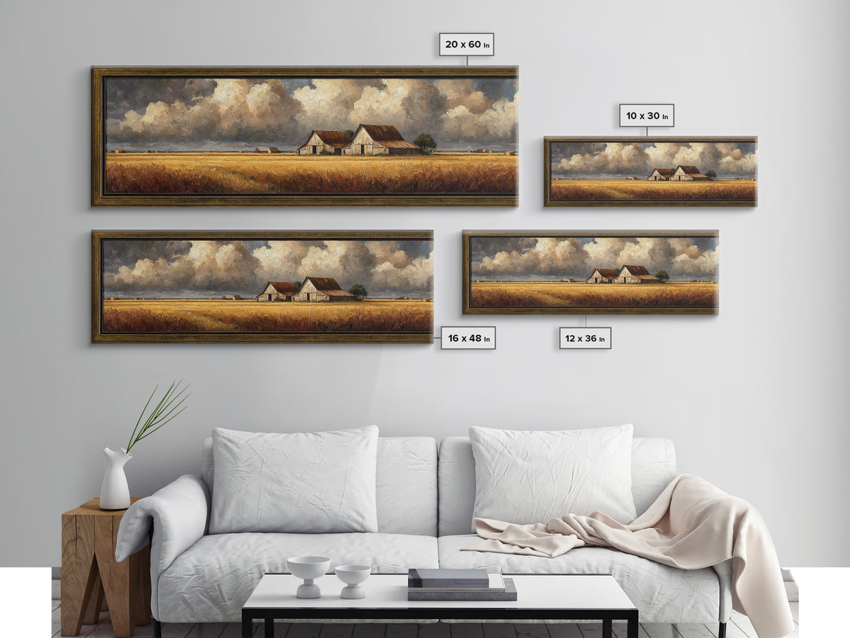 Barn and Farmland Framed Canvas Print, Traditional Art, Gallery Decor, Living Room Decor, Fine Art, Classic, Wall Art, TRA-3x1-15
