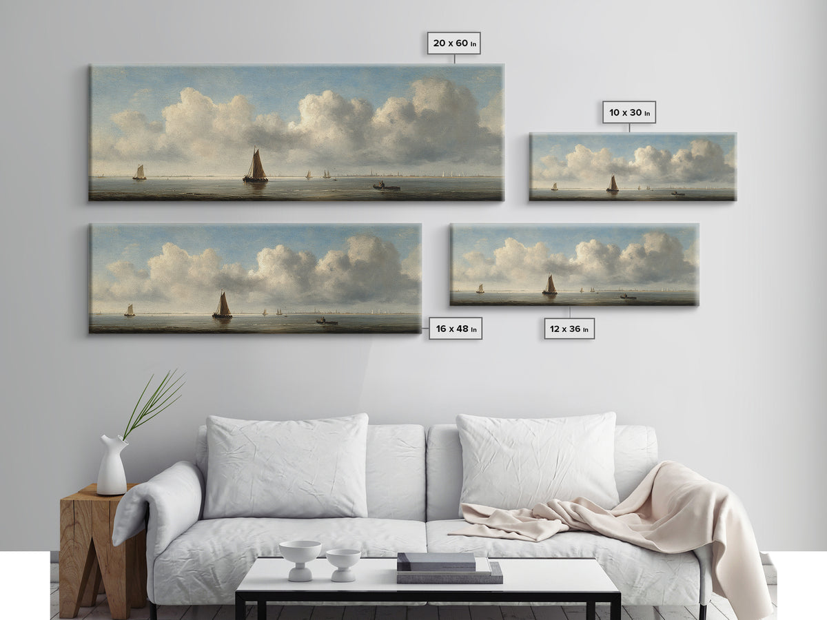 Seascape with Sailboats and Cloudy Sky Canvas Print, Traditional Art, Indian Decor, Living Room Decor, Fine Art, Classic, TRA-3x1-21