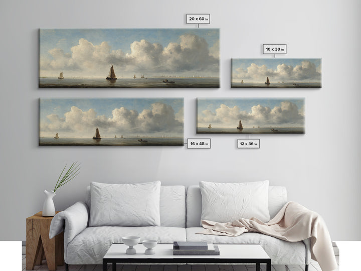 Seascape with Sailboats and Cloudy Sky Canvas Print, Traditional Art, Indian Decor, Living Room Decor, Fine Art, Classic, TRA-3x1-21
