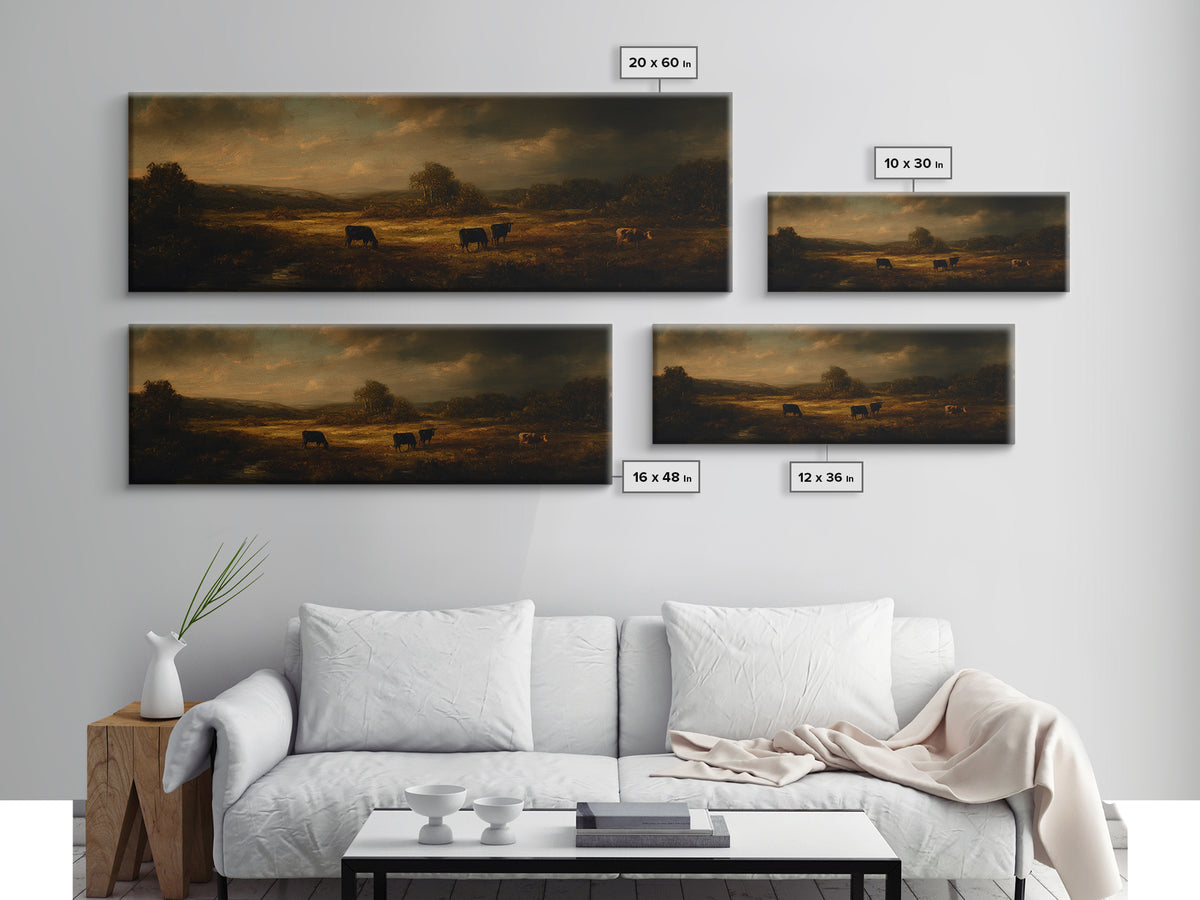 Pastoral Countryside with Cows in Field Framed Canvas Print, Traditional Art, Room Decor, Living Room Decor, Fine Art, Classic, TRA-3x1-23