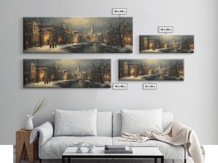 Snowy Village Landscape at Twilight Canvas Print, Traditional Art, Minimalist Decor, Living Room Decor, Oil Painting, Classic, TRA-3x1-35