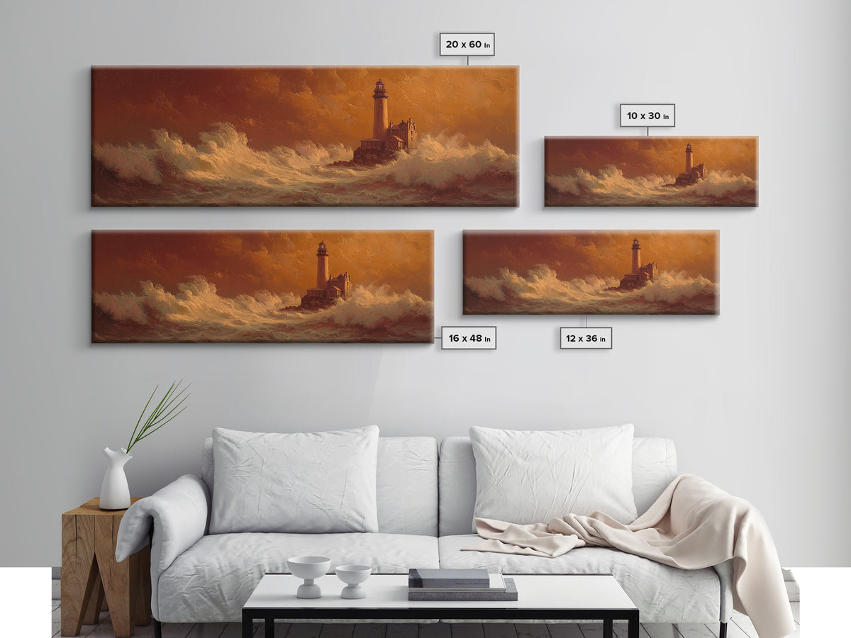 Lighthouse with Crashing Waves Framed Canvas Print, Traditional Art, Indian Wall Art, Living Room Decor, Watercolor Art, TRA-3x1-37