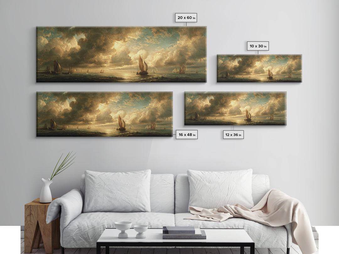 Seascape with Sailboats and Cloudy Sky Canvas Print, Traditional Art, Indian Decor, Living Room Decor, Fine Art, Classic, TRA-3x1-45