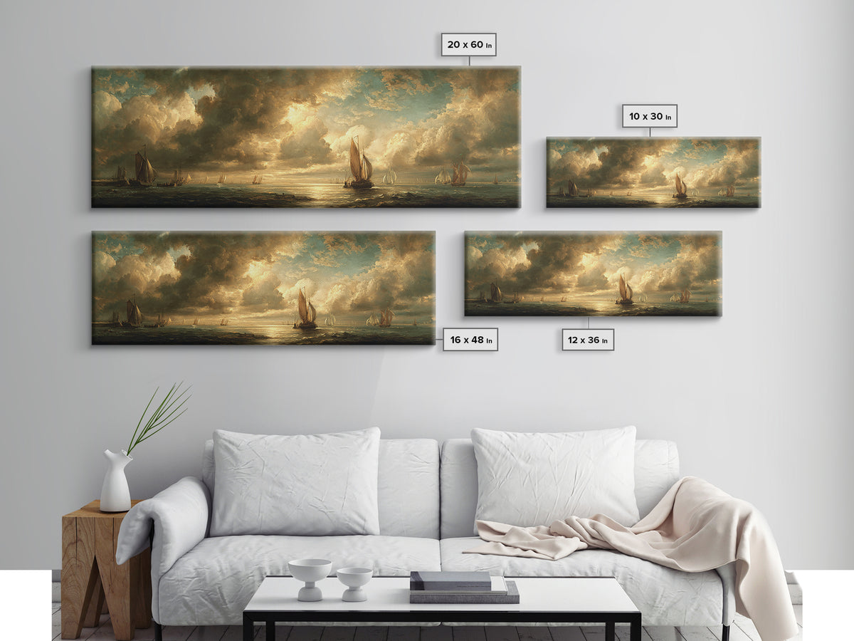 Seascape with Sailboats and Cloudy Sky Canvas Print, Traditional Art, Indian Decor, Living Room Decor, Fine Art, Classic, TRA-3x1-45