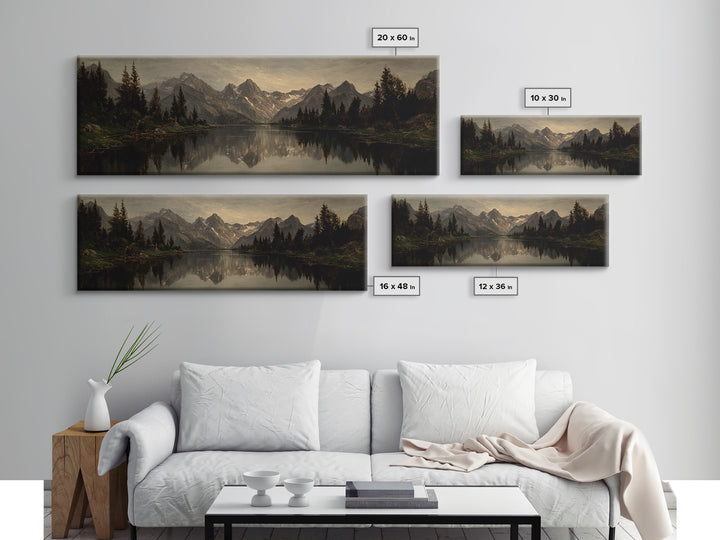 Mountain Lake with Pine Forest Reflection Canvas Print, Traditional Art, Landscape, Living Room Decor, Fine Art, Classic, TRA-3x1-49