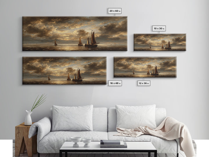 Seascape with Sailboats and Cloudy Sky Framed Canvas Print, Traditional Art, Gallery Decor, Living Room Decor, Classic, TRA-3x1-69