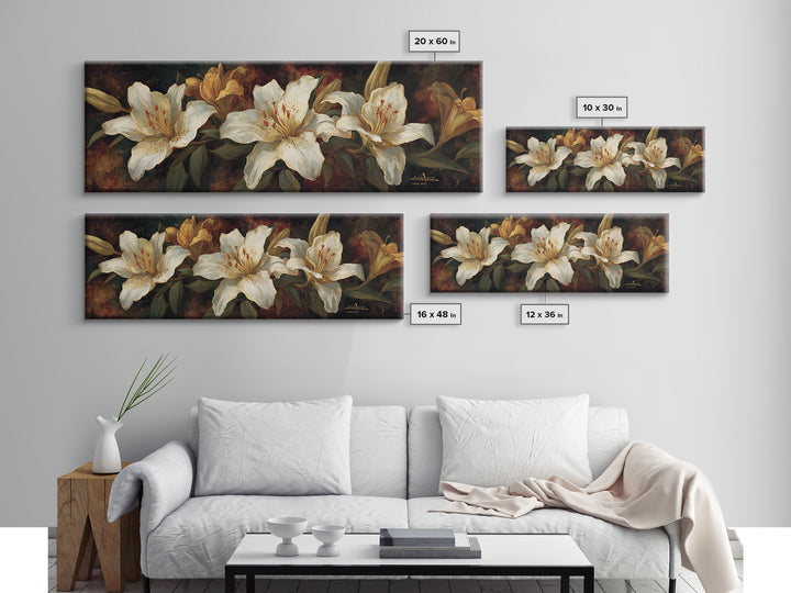 White Lilies on Dark Background Framed Canvas Print, Traditional Art, Statement Artwork, Living Room Decor, Fine Art, Classic, TRA-3x1-7