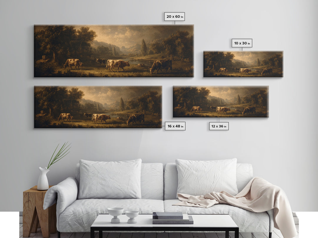 Pastoral Countryside with Cows in Field Canvas Print, Traditional Art, Artwork, Living Room Decor, Fine Art, Classic, TRA-3x1-71
