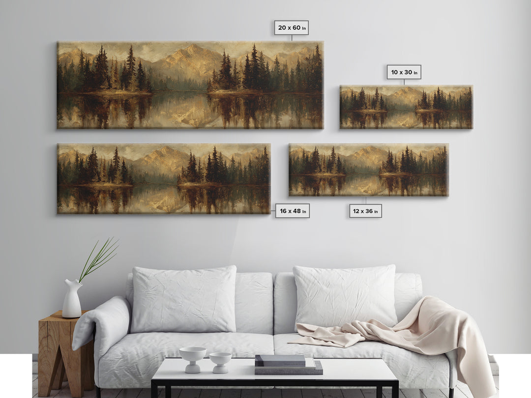 Mountain Lake with Pine Forest Reflection Framed Canvas Print, Traditional Art, Neutral Decor, Living Room Decor, Oil Painting, TRA-3x1-73