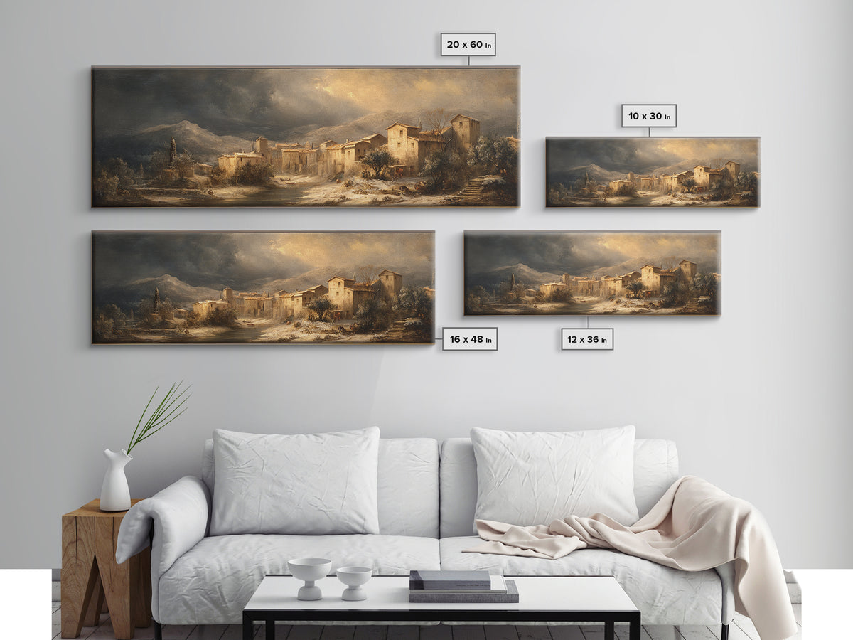 Snowy Village Landscape at Twilight Canvas Print, Traditional Art, Art Commission, Living Room Decor, Fine Art, Classic, TRA-3x1-83