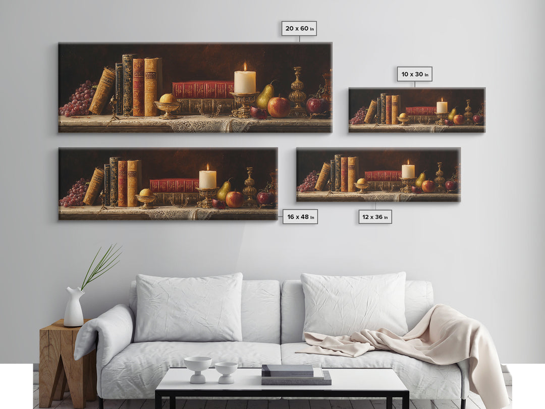 Still Life of Books Candle and Fruit Framed Canvas Print, Traditional Art, Painting, Living Room Decor, Fine Art, Classic, TRA-3x1-84