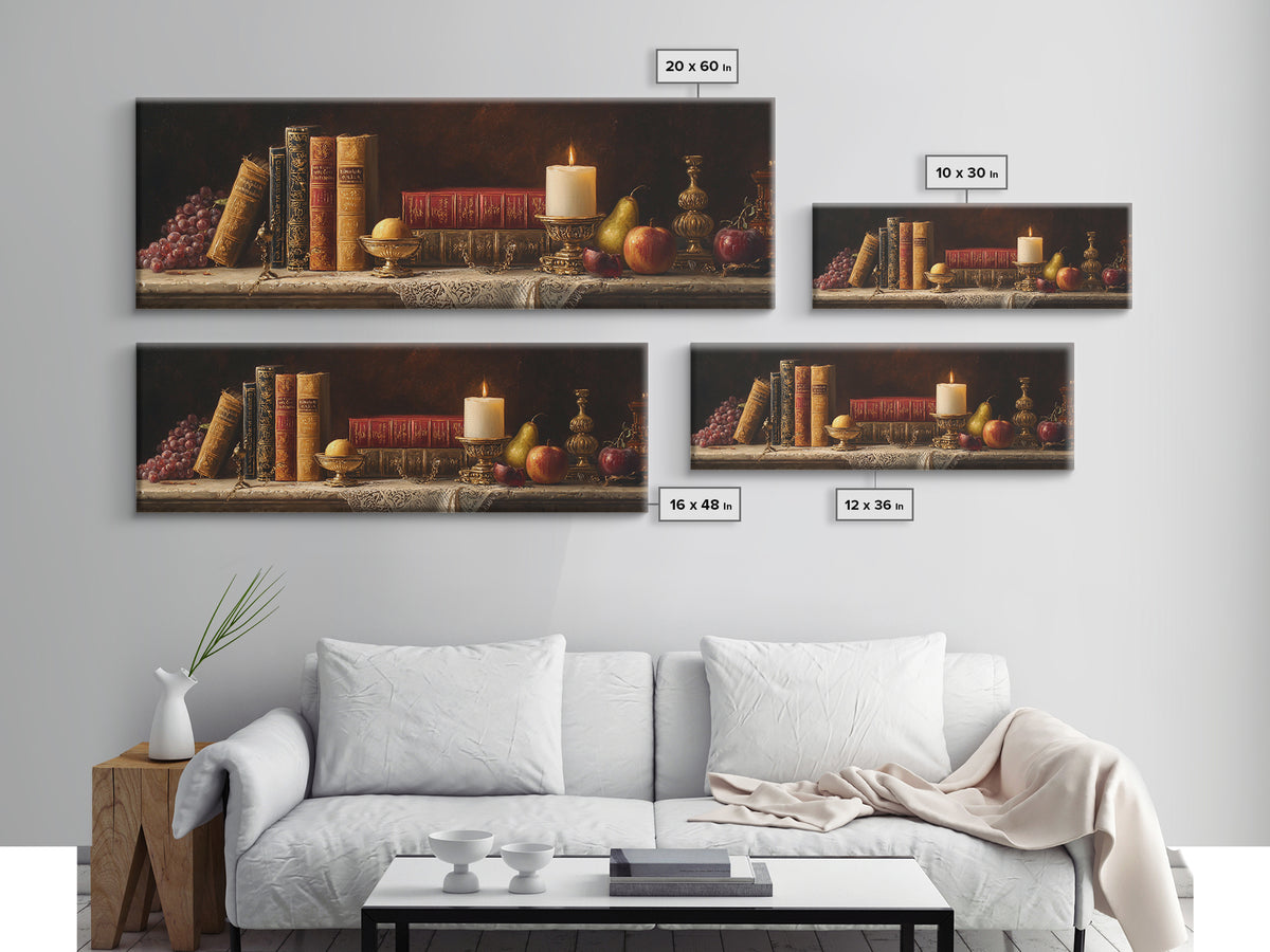 Still Life of Books Candle and Fruit Framed Canvas Print, Traditional Art, Painting, Living Room Decor, Fine Art, Classic, TRA-3x1-84