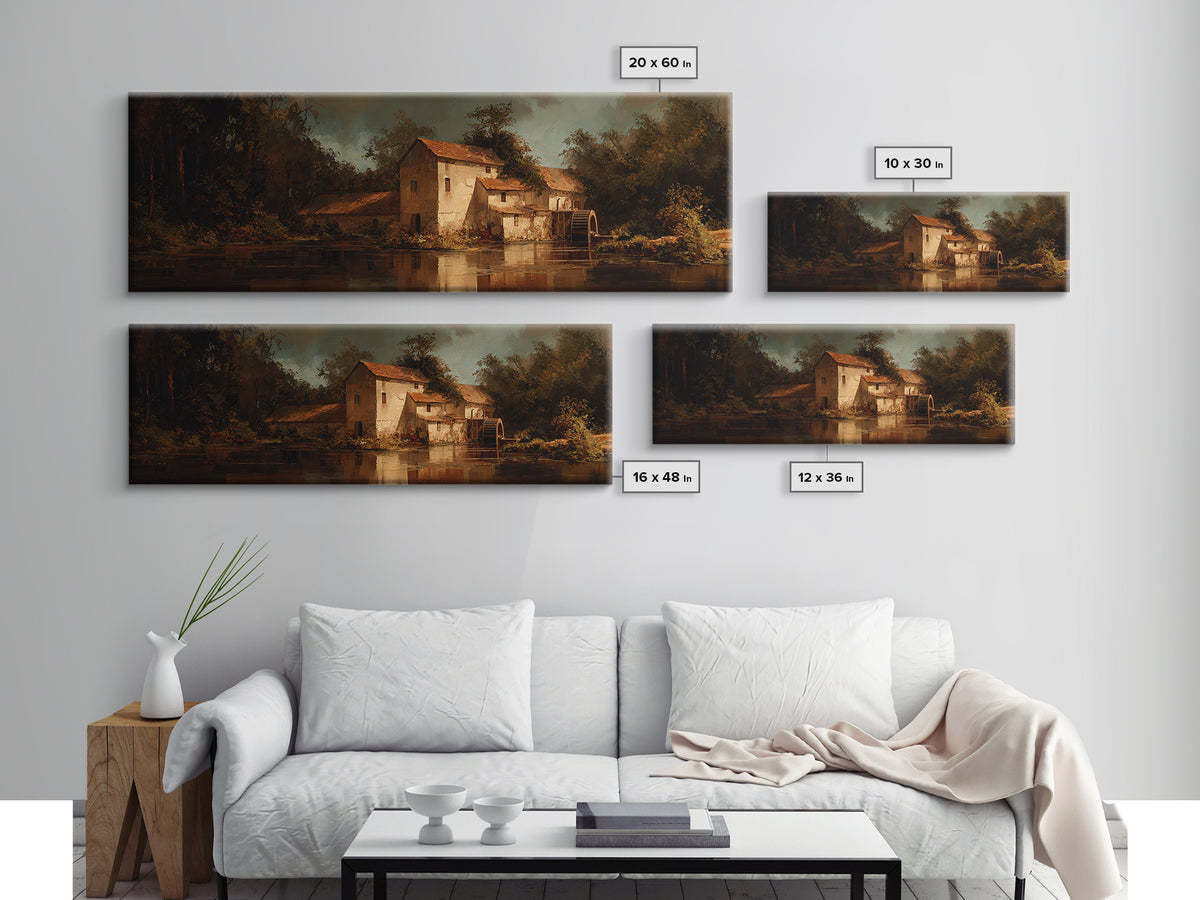 Watermill Beside a Quiet Stream Framed Canvas Print, Traditional Art, Living Room Decor, Fine Art, Classic, Dark Art, TRA-3x1-9