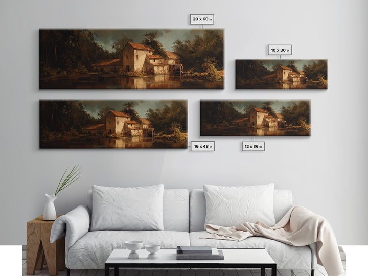 Watermill Beside a Quiet Stream Framed Canvas Print, Traditional Art, Living Room Decor, Fine Art, Classic, Dark Art, TRA-3x1-9