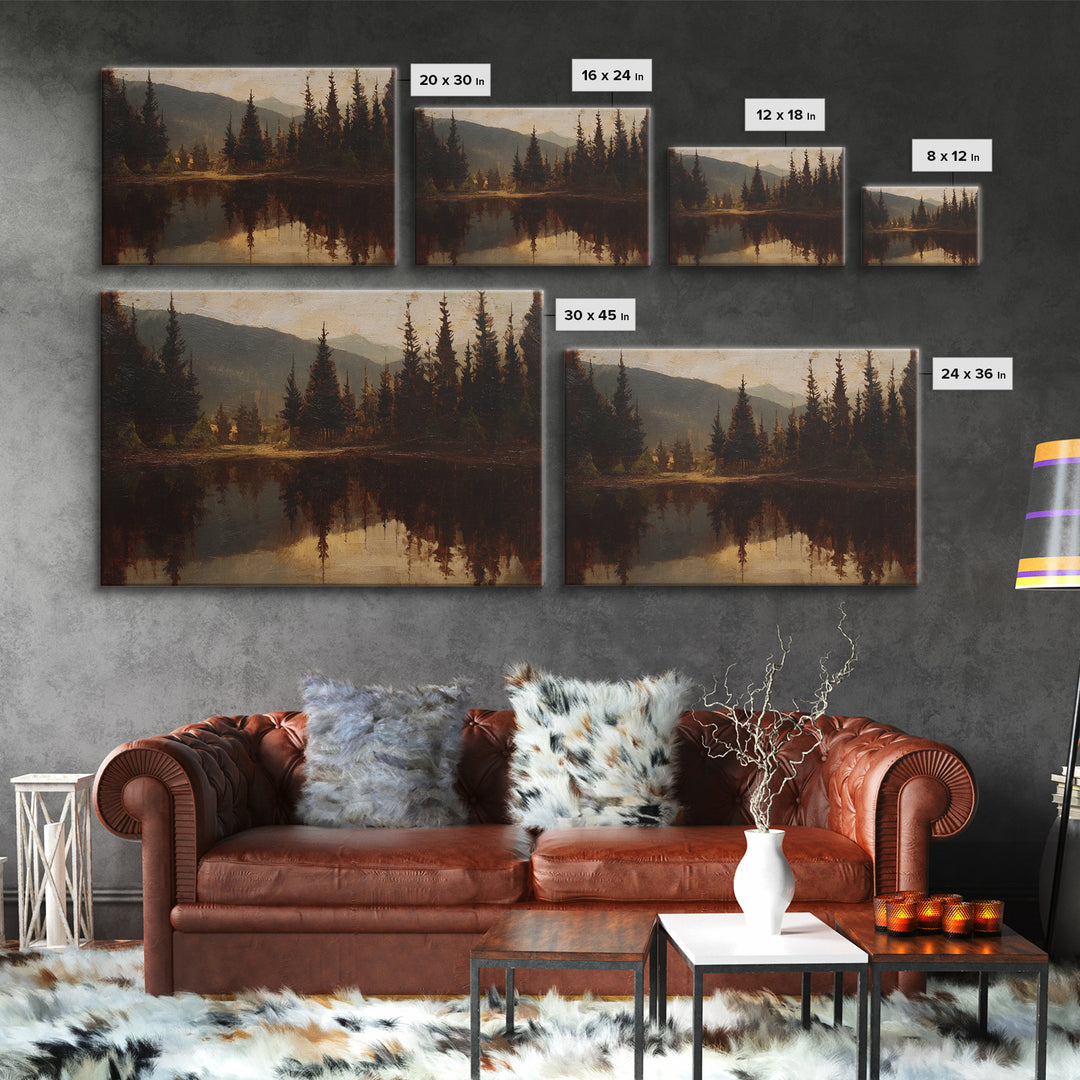 Mountain Lake with Pine Forest Reflection Framed Canvas Print, Traditional Art, Indian Wall Art, Living Room Decor, Classic, TRA-3x2-13