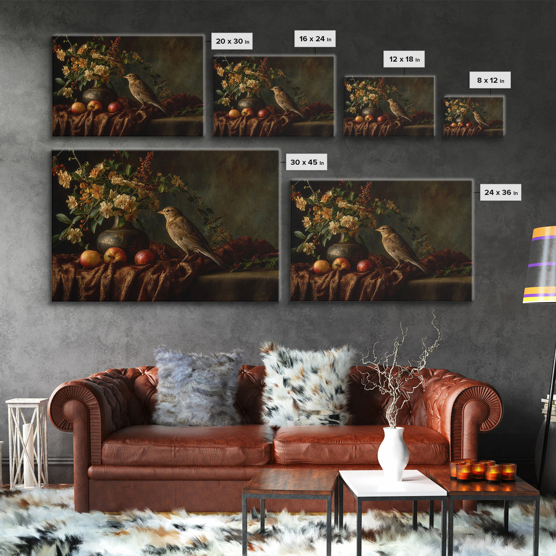Bird Study on a Flowering Branch Framed Canvas Print, Traditional Art, Artwork, Living Room Decor, Oil Painting, Classic, TRA-3x2-14