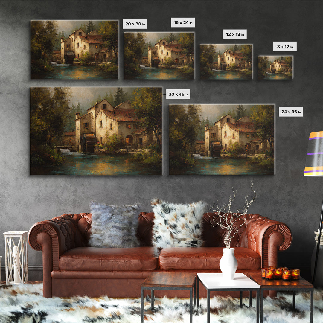 Watermill Beside a Quiet Stream Framed Canvas Print, Traditional Art, Gallery Decor, Living Room Decor, Fine Art, Classic, TRA-3x2-45