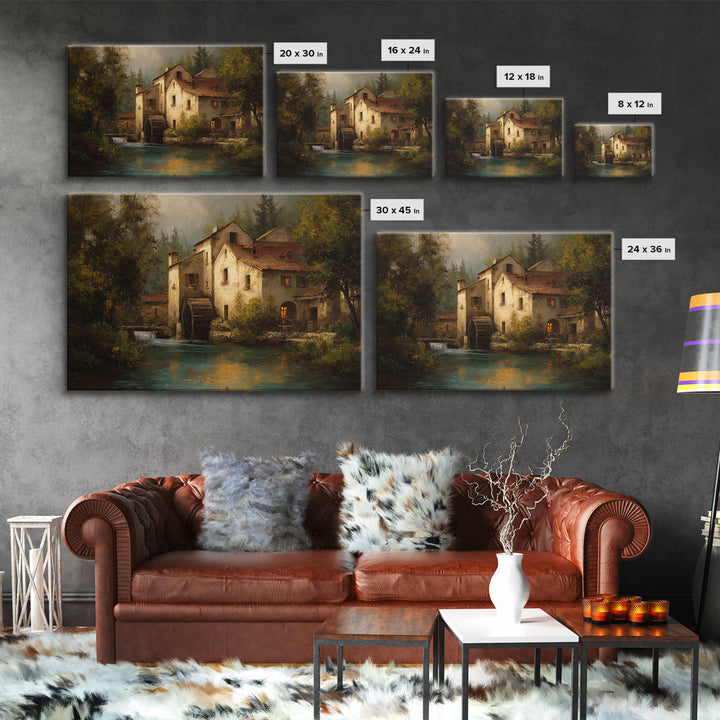 Watermill Beside a Quiet Stream Framed Canvas Print, Traditional Art, Gallery Decor, Living Room Decor, Fine Art, Classic, TRA-3x2-45