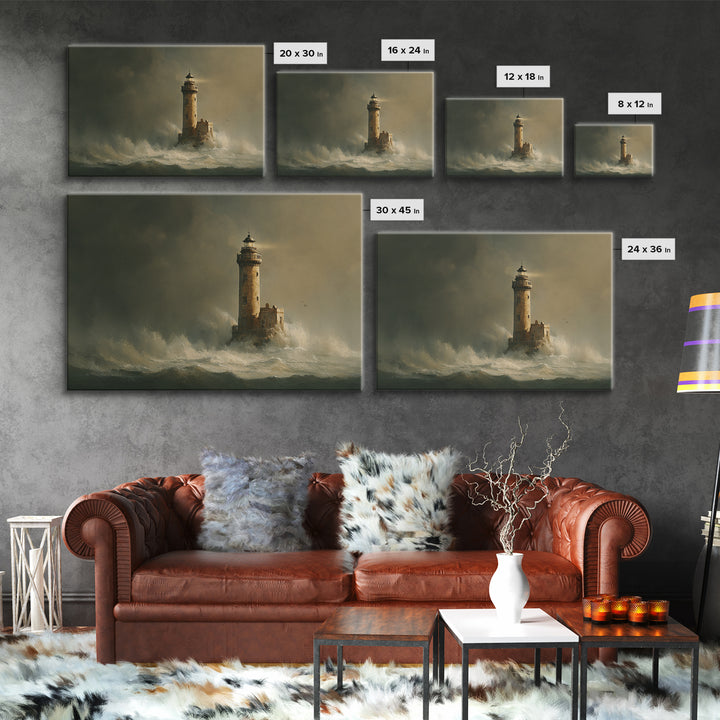 Lighthouse with Crashing Waves Canvas Print, Traditional Art, Neutral Decor, Living Room Decor, Fine Art, Classic, Home Decor, TRA-3x2-49