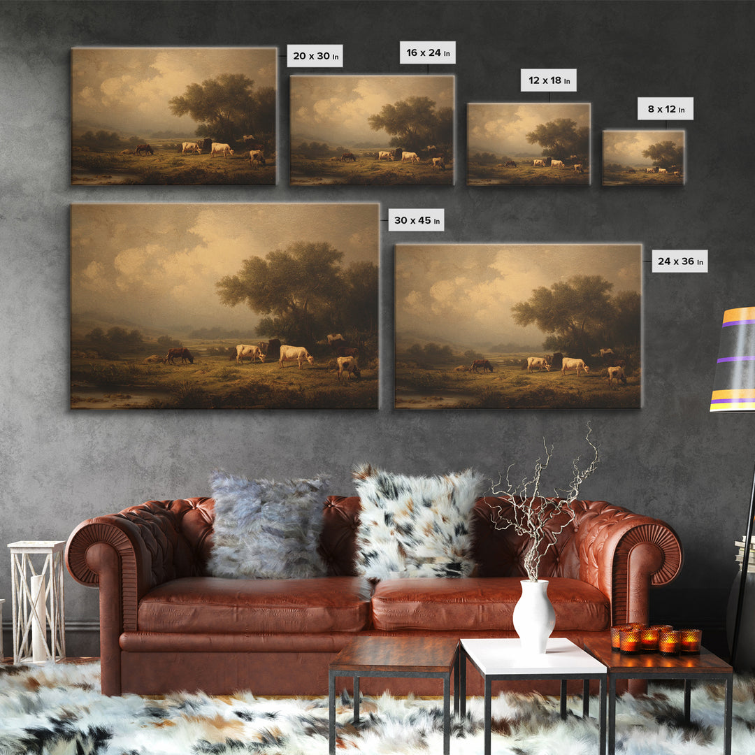Pastoral Countryside with Cows in Field Framed Canvas Print, Traditional Art, Living Room Decor, Oil Painting, Classic, TRA-3x2-59