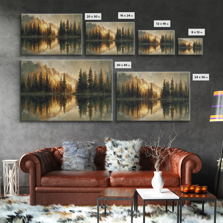 Mountain Lake with Pine Forest Reflection Canvas Print, Traditional Art, Dark Art, Living Room Decor, Fine Art, Classic, TRA-3x2-61