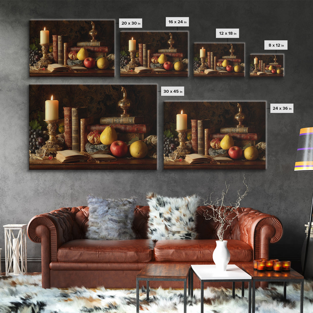 Still Life of Books Candle and Fruit Canvas Print, Traditional Art, Contemporary Art, Living Room Decor, Fine Art, Classic, TRA-3x2-72