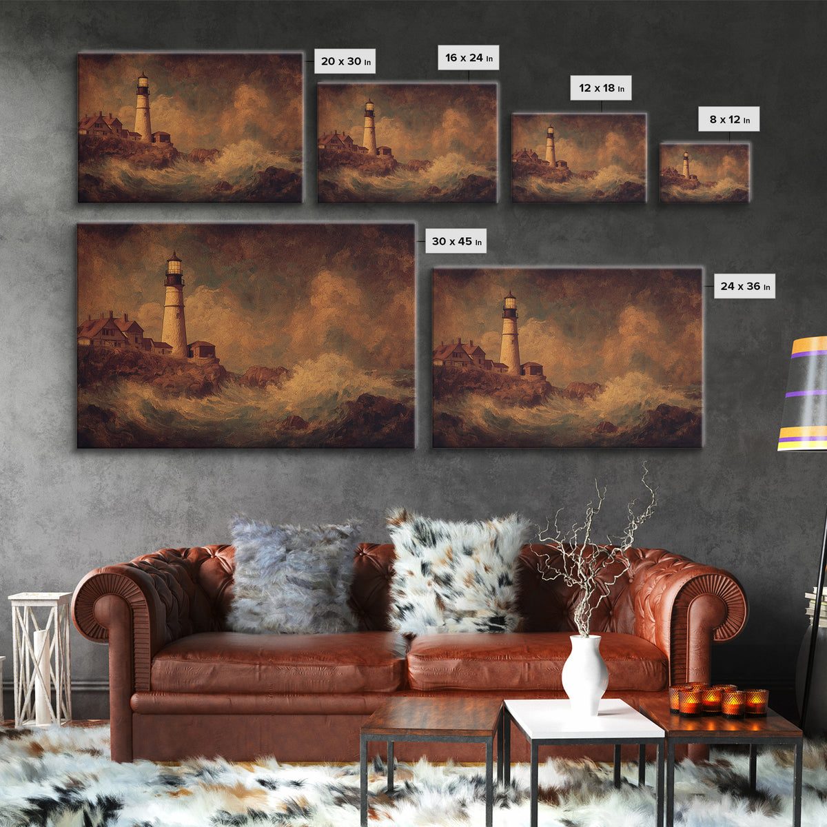 Lighthouse with Crashing Waves Canvas Print, Traditional Art, Neutral Decor, Living Room Decor, Fine Art, Classic, Home Decor, TRA-3x2-73