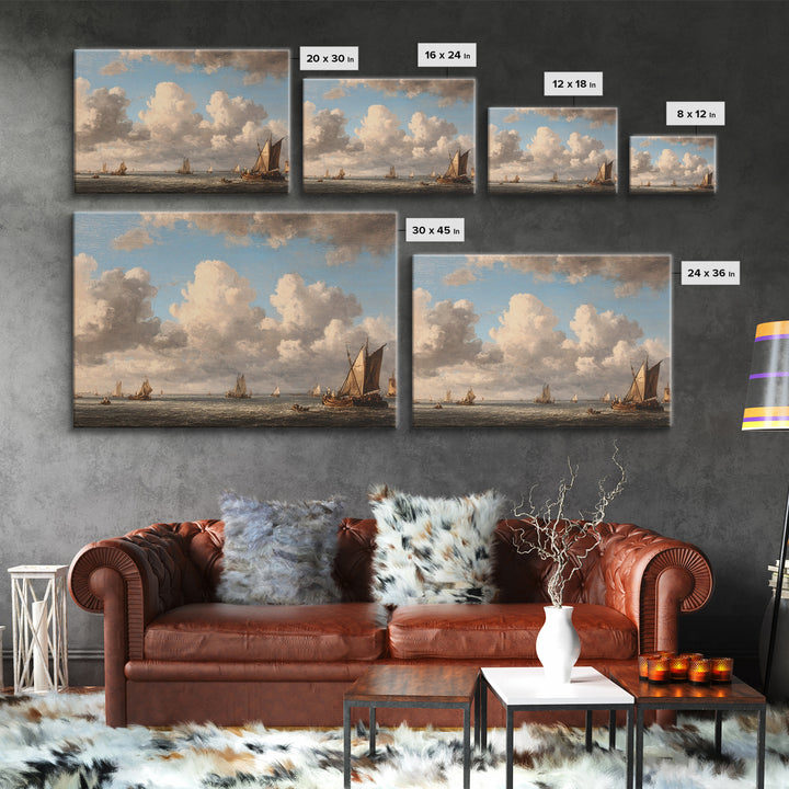 Seascape with Sailboats and Cloudy Sky Framed Canvas Print, Traditional Art, Fine Art Print, Living Room Decor, Classic, TRA-3x2-81