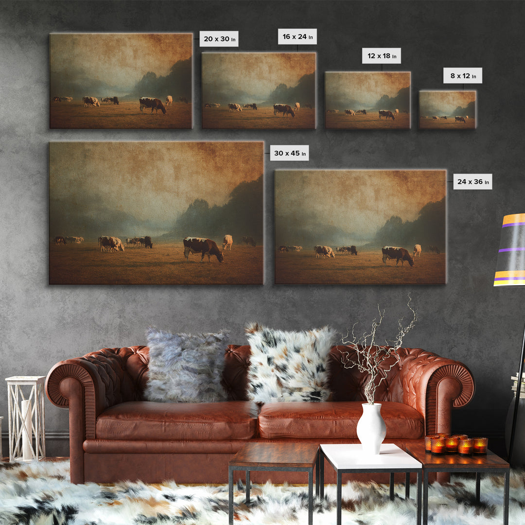 Pastoral Countryside with Cows in Field Canvas Print, Traditional Art, Artwork, Living Room Decor, Fine Art, Classic, TRA-3x2-83