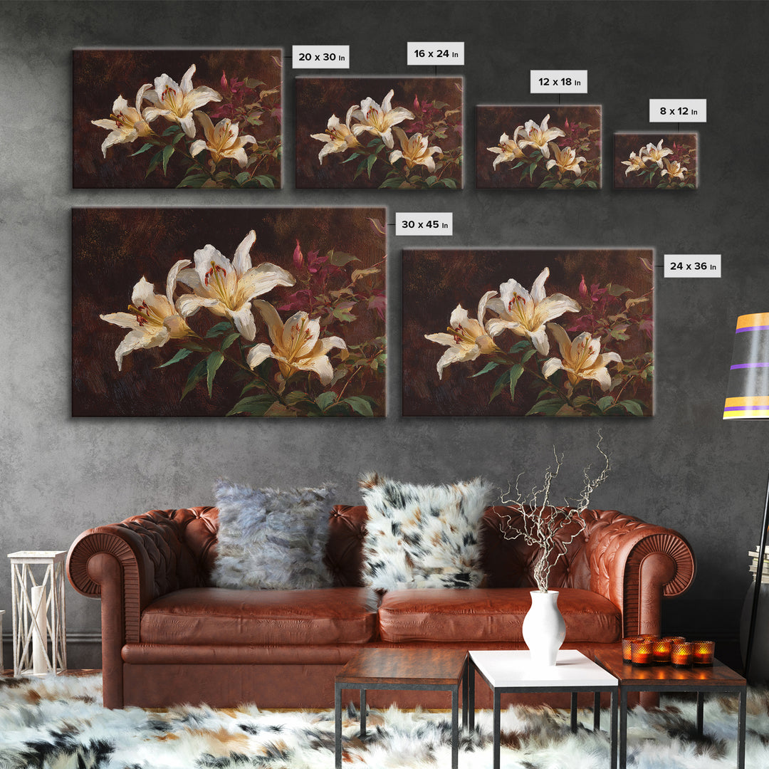 White Lilies on Dark Background Framed Canvas Print, Traditional Art, Digital Print, Living Room Decor, Oil Painting, Classic, TRA-3x2-91