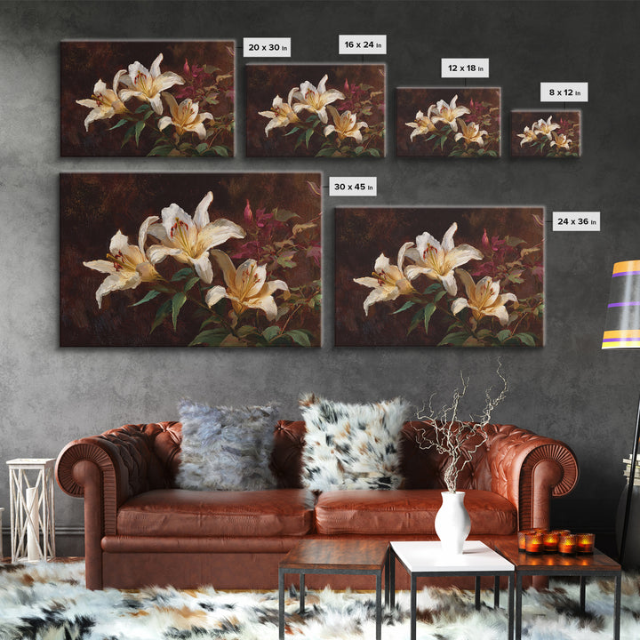 White Lilies on Dark Background Framed Canvas Print, Traditional Art, Digital Print, Living Room Decor, Oil Painting, Classic, TRA-3x2-91