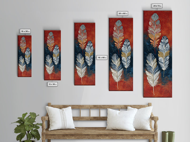 Feather Arrangement with Red Ochre Background Canvas Print, Tribal Art, Neutral Decor, Living Room Decor, Oil Painting, Tribal, TRI-1x3-55