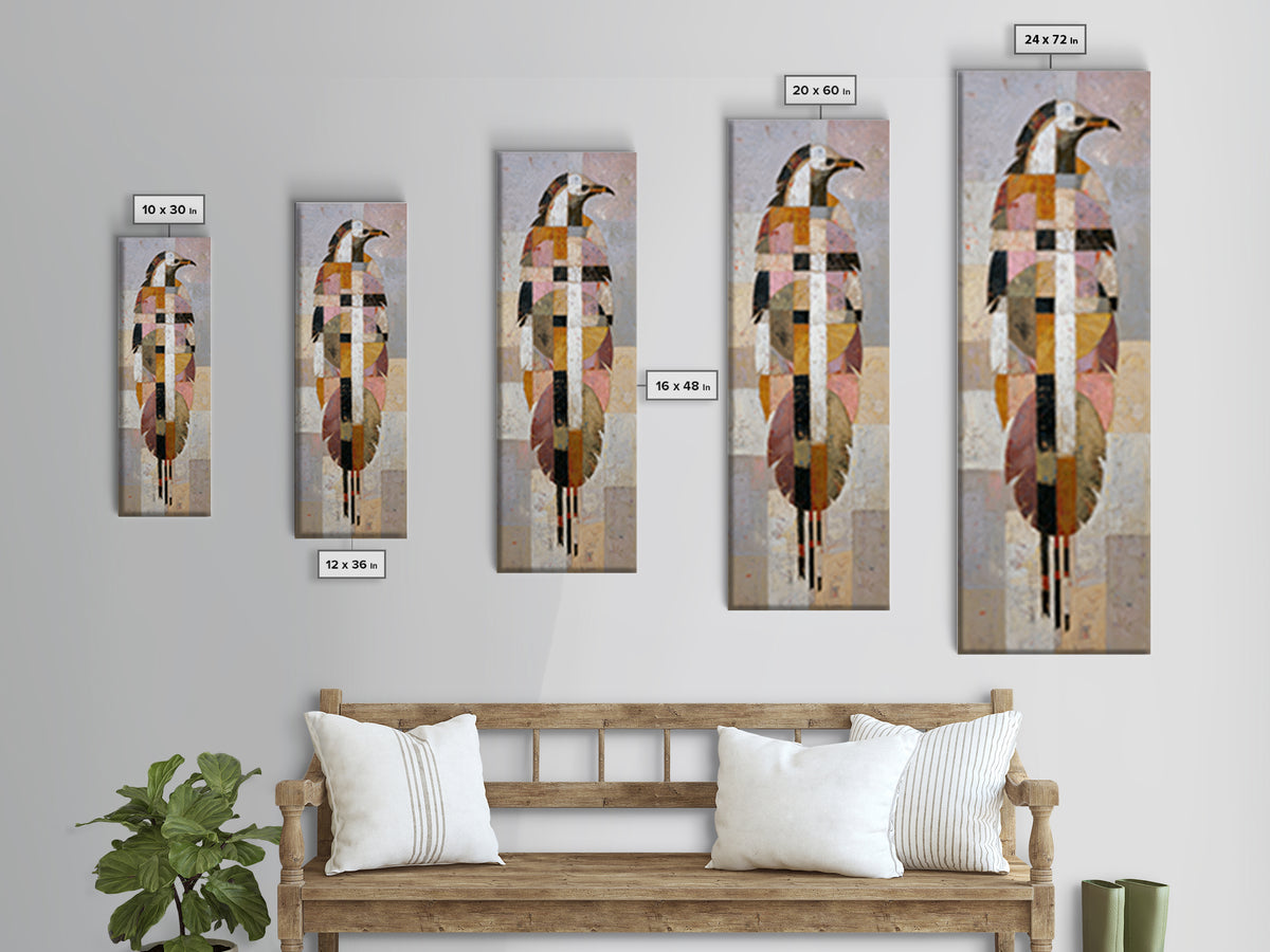 Eagle Totem with Feathers and Geometric Shapes Framed Canvas Print, Tribal Art, Statement Artwork, Living Room Decor, Tribal, TRI-1x3-96