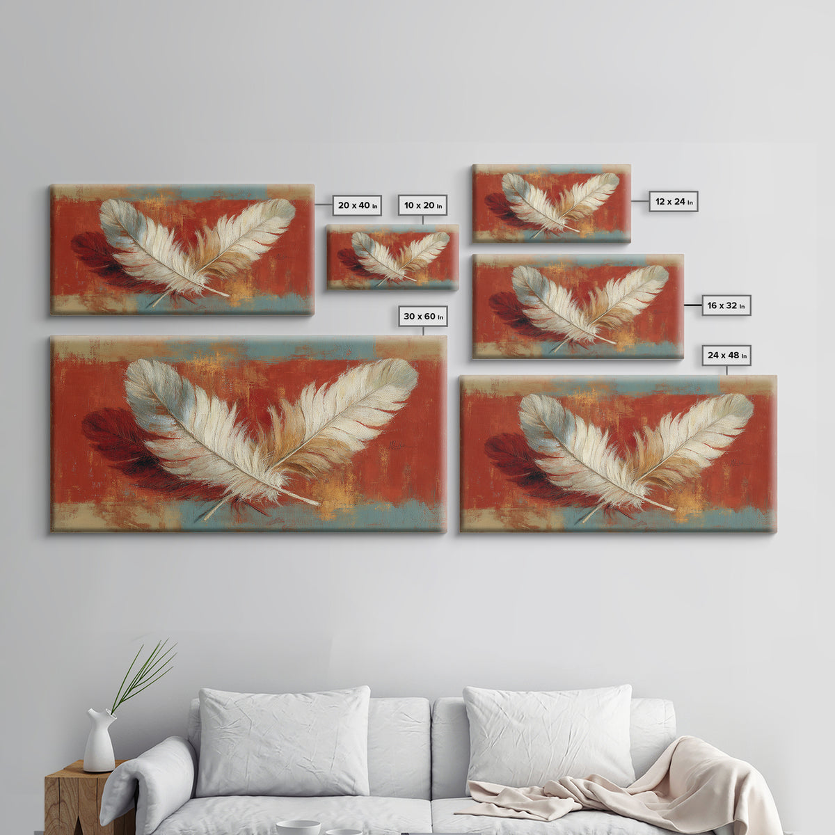 Feather Arrangement with Red Ochre Background Framed Canvas Print, Tribal Art, Living Room Decor, Watercolor Art, Tribal, TRI-2x1-15
