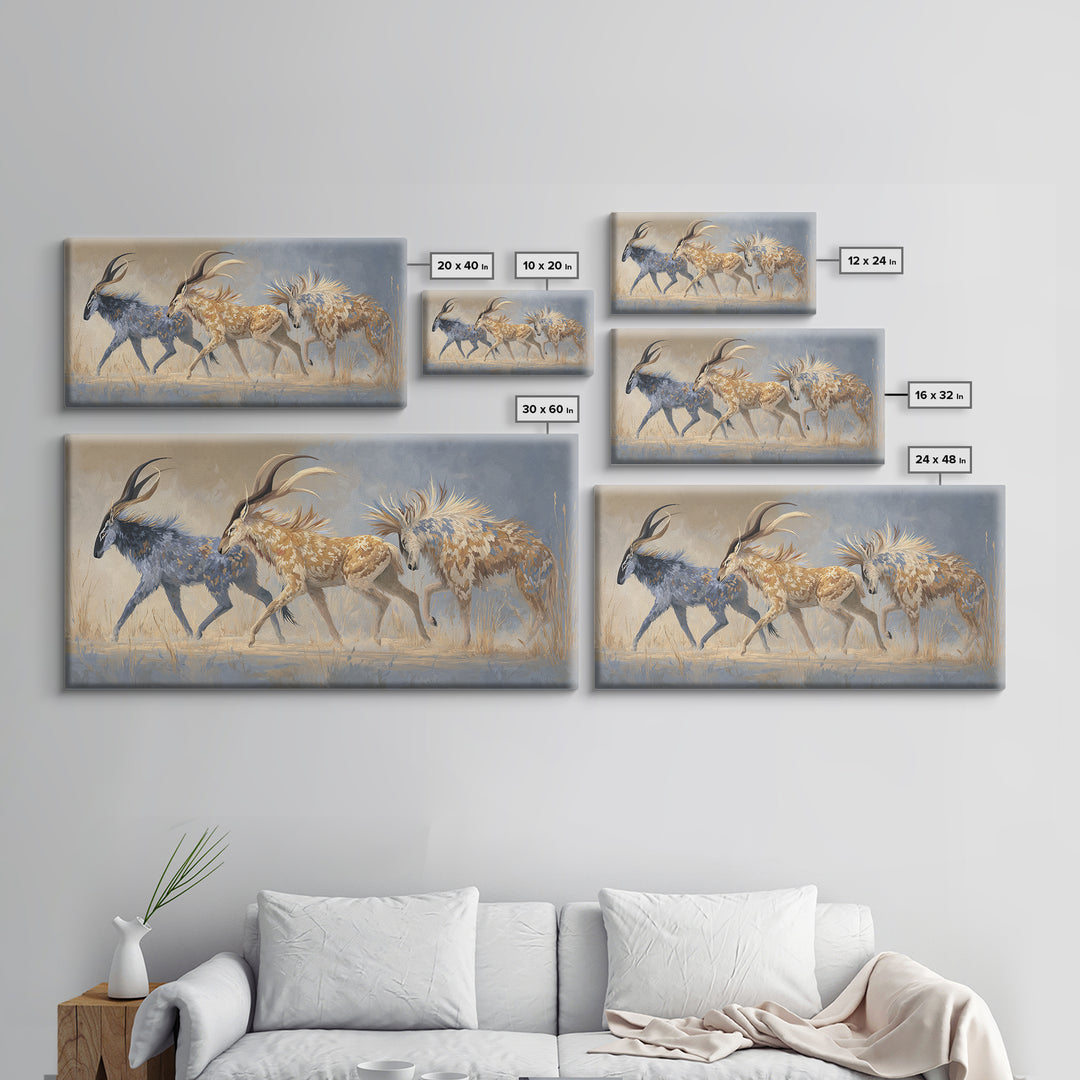 Ancient Cave Art Running Animals Framed Canvas Print, Tribal Art, Gallery Wall Art, Living Room Decor, Watercolor Art, Tribal, TRI-2x1-5