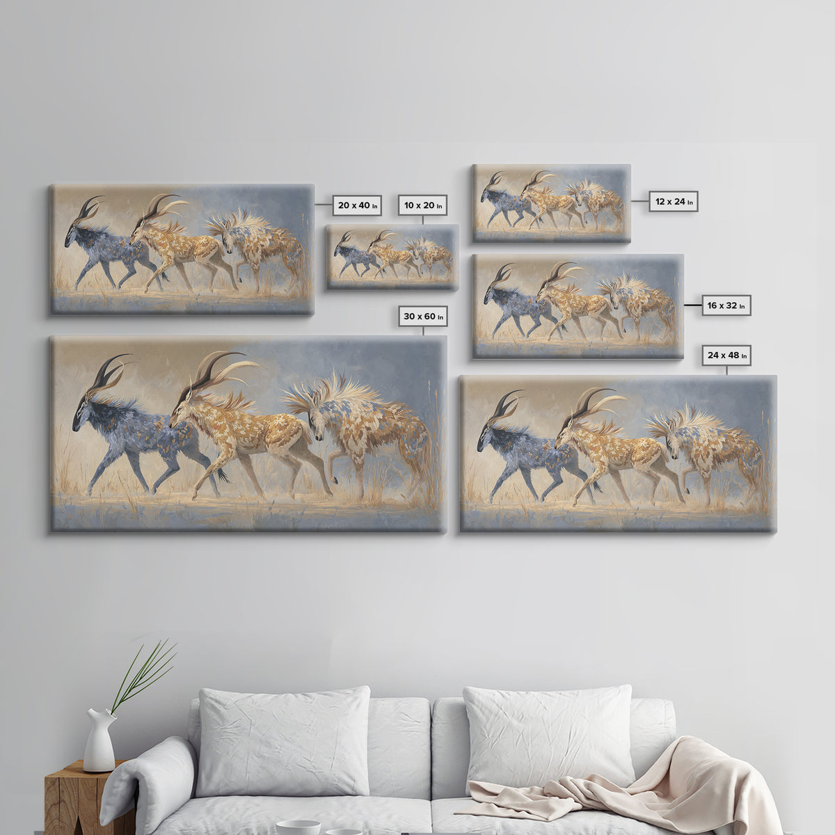 Ancient Cave Art Running Animals Framed Canvas Print, Tribal Art, Gallery Wall Art, Living Room Decor, Watercolor Art, Tribal, TRI-2x1-5