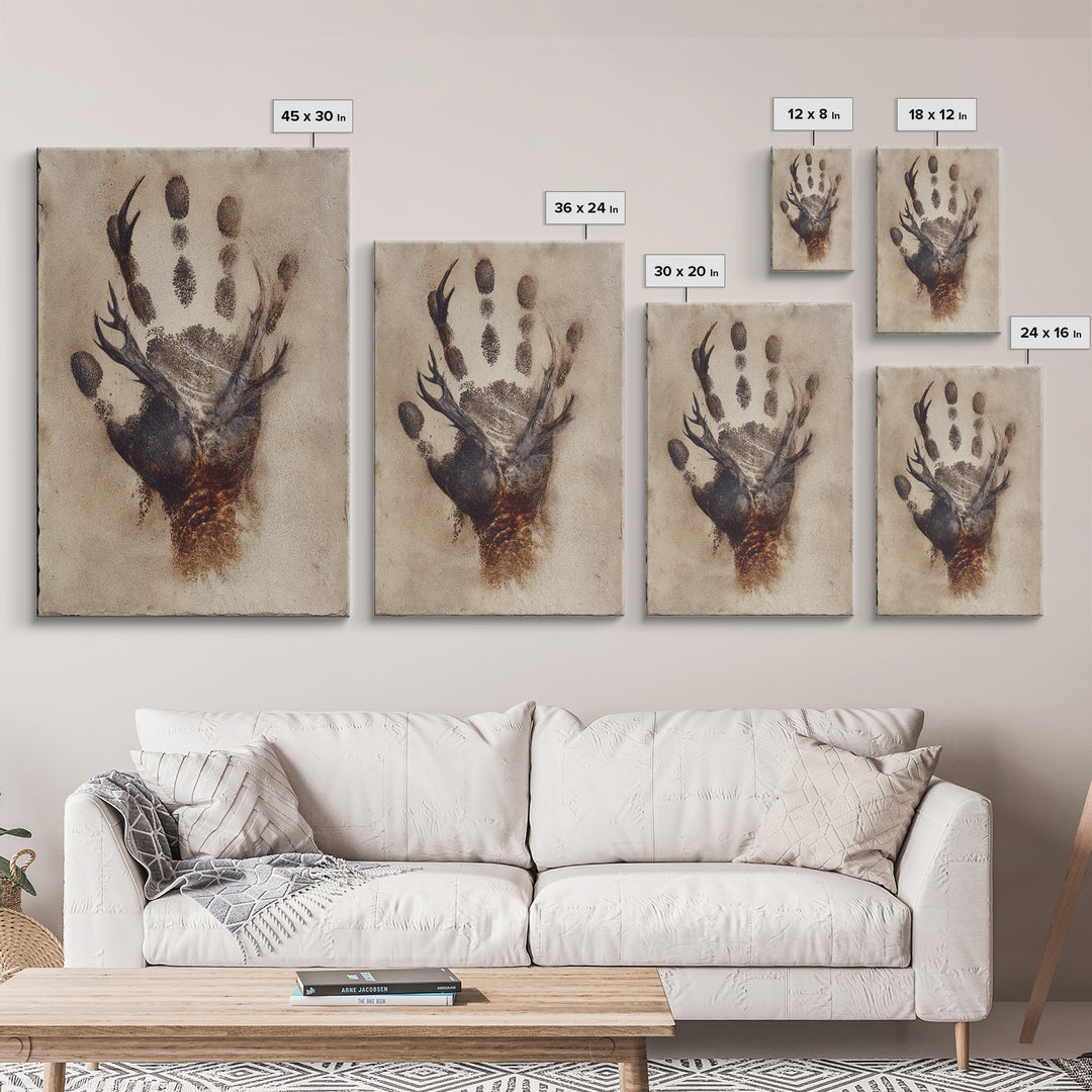 Handprint and Animal Track Composition Framed Canvas Print, Tribal Art, Gallery Wall Art, Living Room Decor, Fine Art, Tribal, TRI-2x3-1