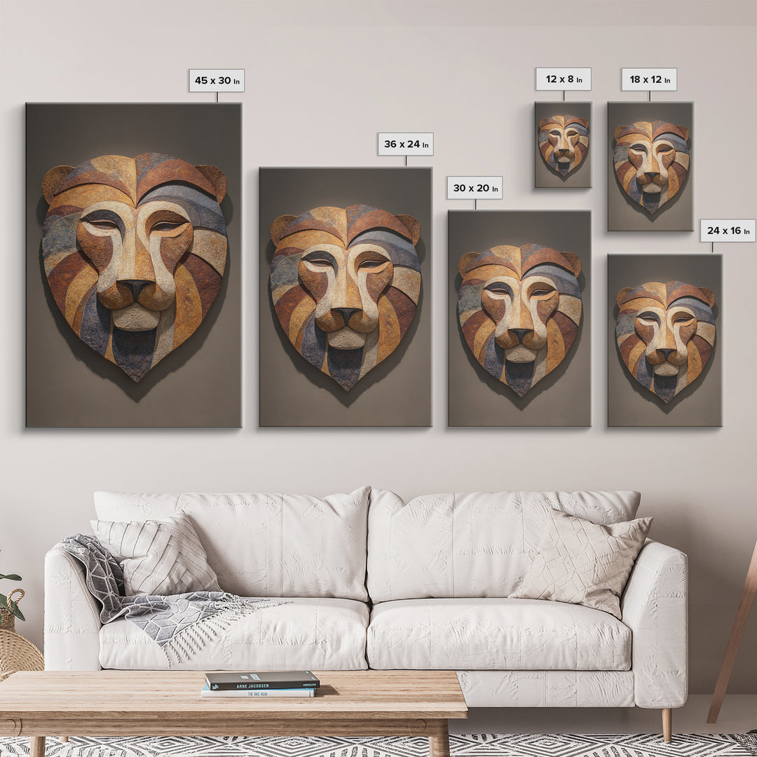 Lion Mask Abstraction Framed Canvas Print, Tribal Art, Contemporary Art, Living Room Decor, Abstract Art, Tribal, Boho Decor, TRI-2x3-24