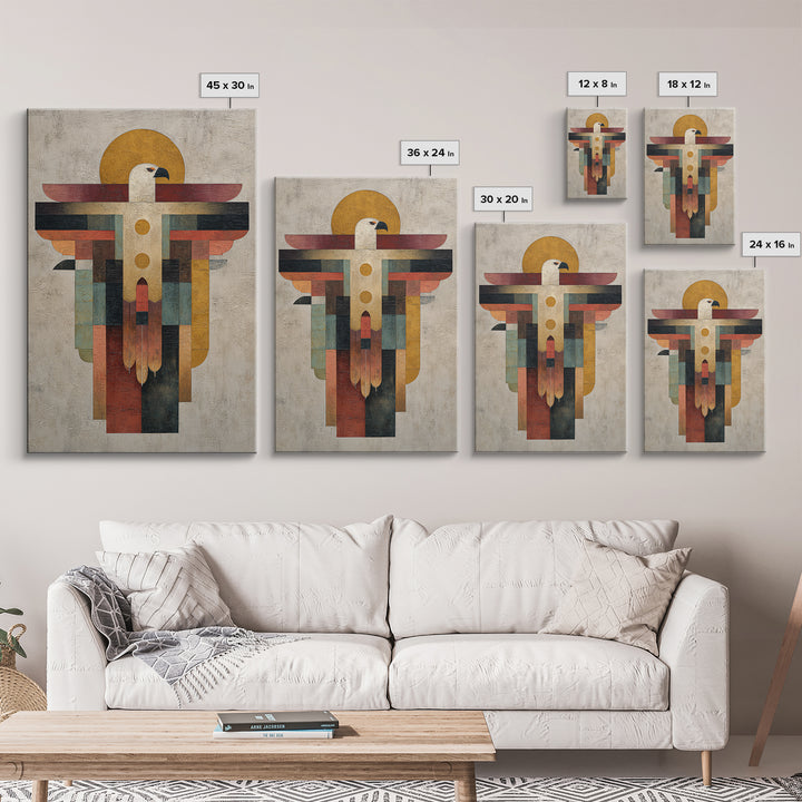 Eagle Totem with Feathers and Geometric Shapes Framed Canvas Print, Tribal Art, Living Room Decor, Abstract Art, Tribal, TRI-2x3-44